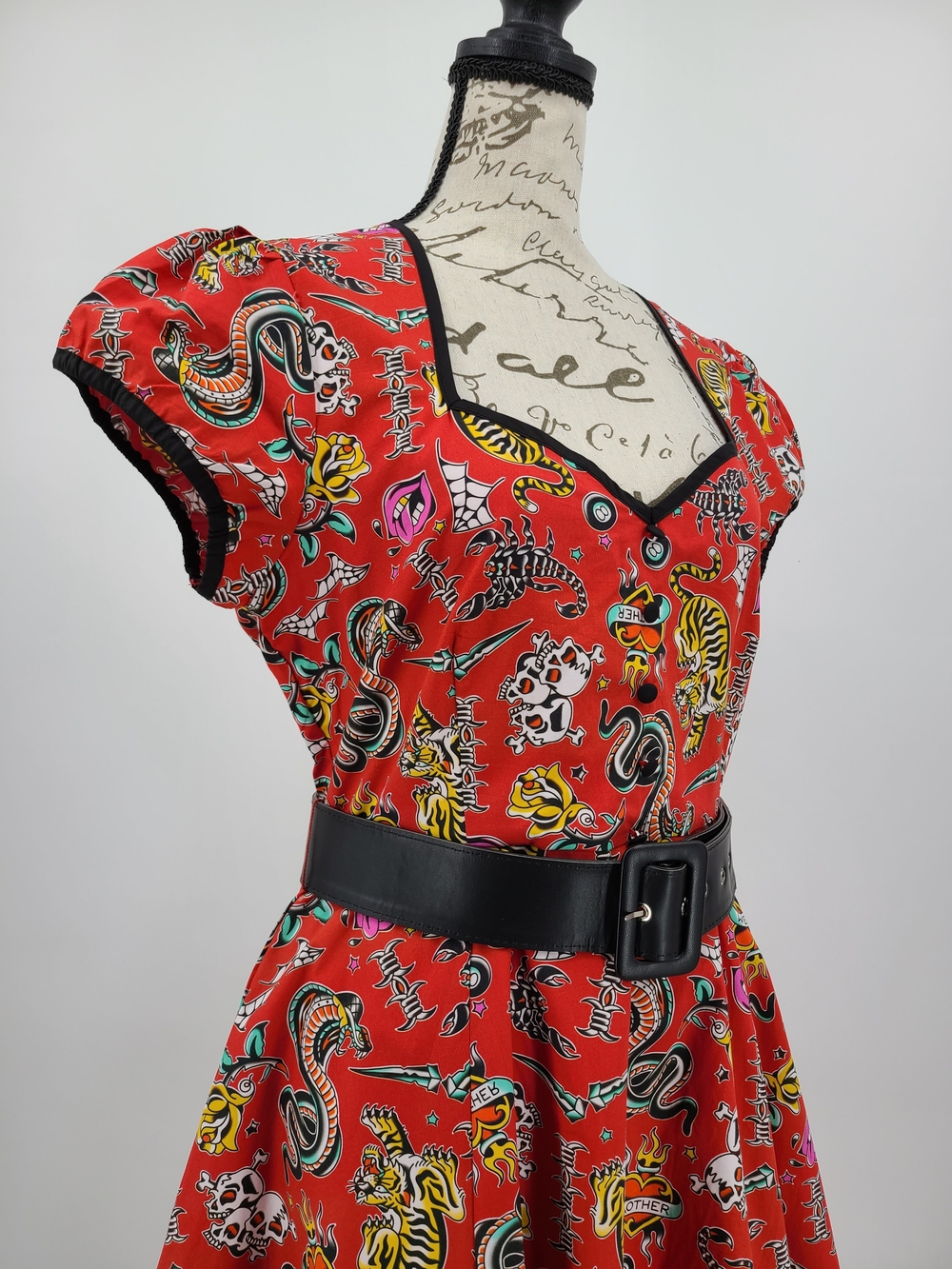 Modcloth Red Tattoo-Print Fit & Flare Dress with Black Belt Size Large